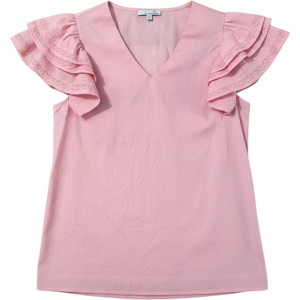 Moelleux Ruffle Sleeve Top Size M Pink Lace Trim Smocked Back Coquette Blouse
